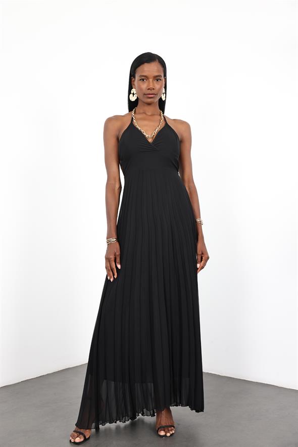 Siyah Sırt Detaylı Piliseli Elbise 111542