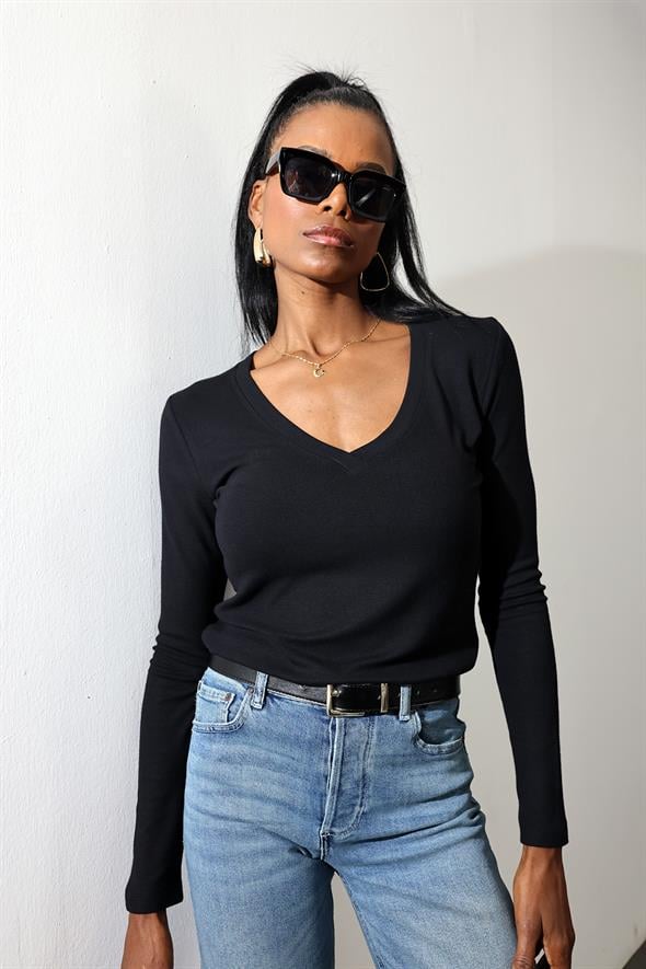 Siyah Soft Touch Bambu V Yaka Tişört 