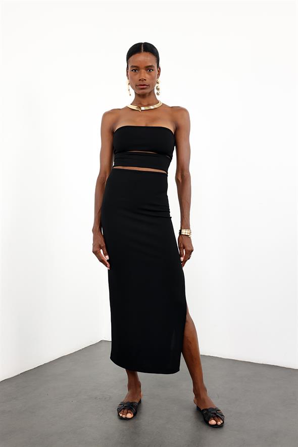 Siyah Straplez Pencere Detaylı Elbise 12354