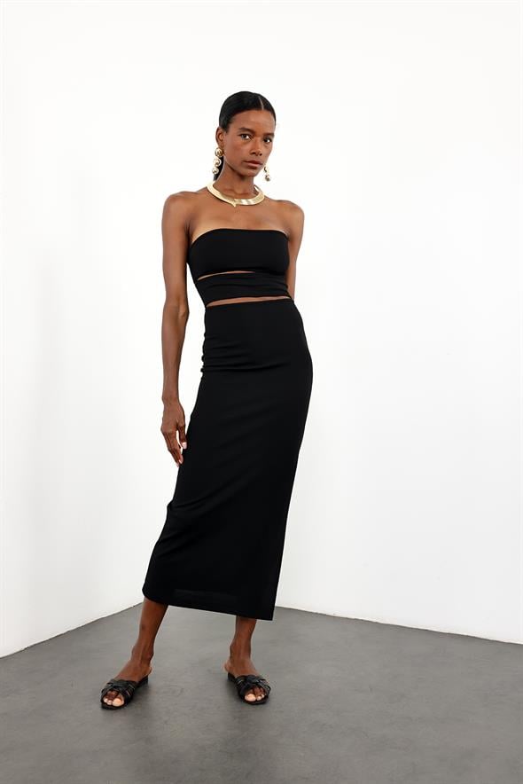 Siyah Straplez Pencere Detaylı Elbise 12354