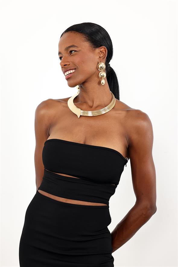 Siyah Straplez Pencere Detaylı Elbise 12354