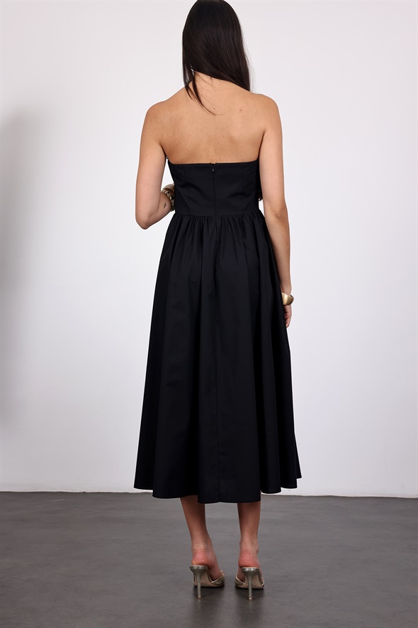 Siyah Straplez Poplin Midi Elbise 12463