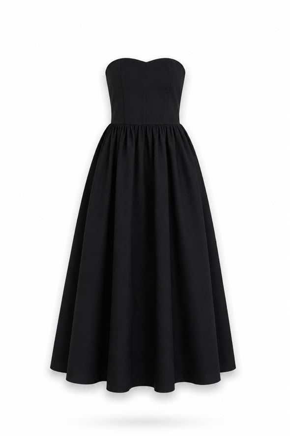 Siyah Straplez Poplin Midi Elbise 12463