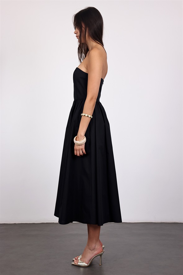 Siyah Straplez Poplin Midi Elbise 12463