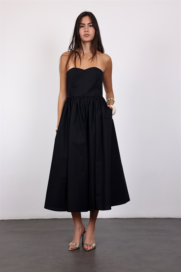 Siyah Straplez Poplin Midi Elbise 12463