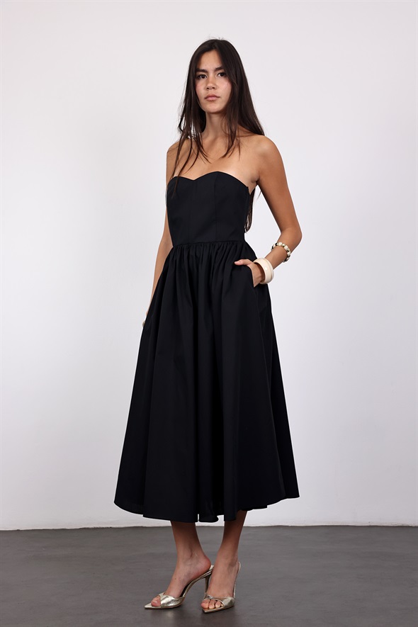 Siyah Straplez Poplin Midi Elbise 12463