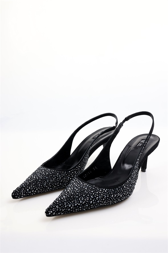 Siyah Taşlı Sivri Burun Slingback 26014