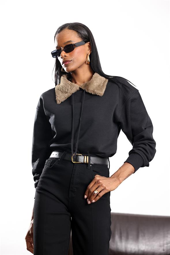 Siyah Yakası Peluş Detaylı Sweatshırt 17403