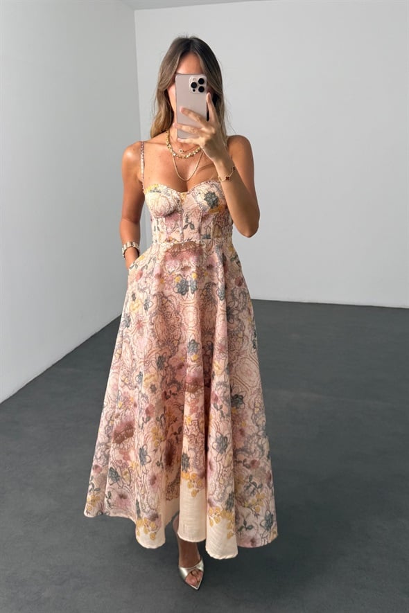 Somon Desenli Maxi Elbise 05225