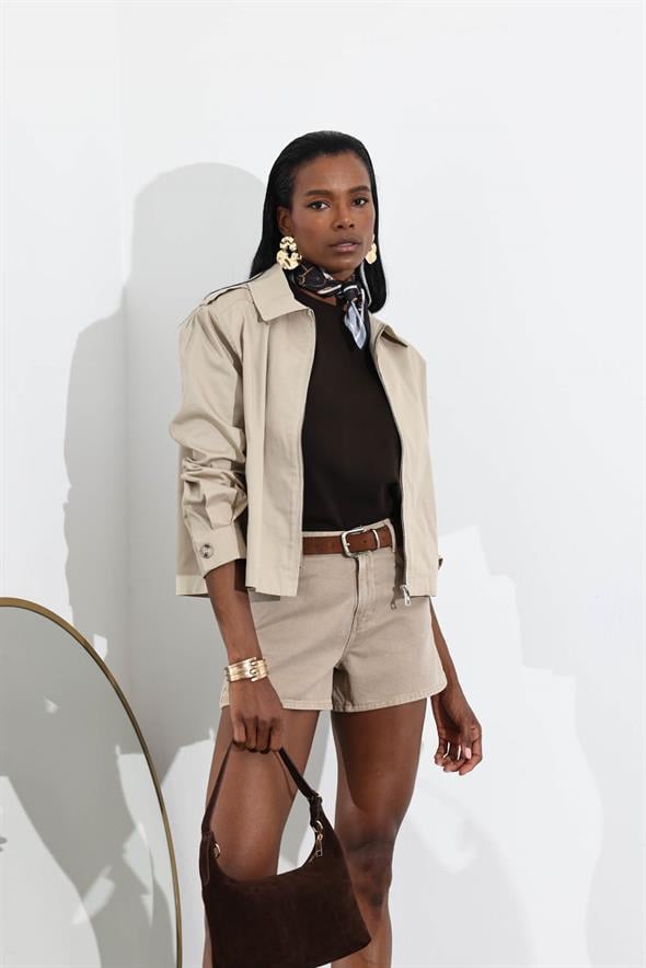 Sütlü Kahve Yüksek Bel Denim Şort 