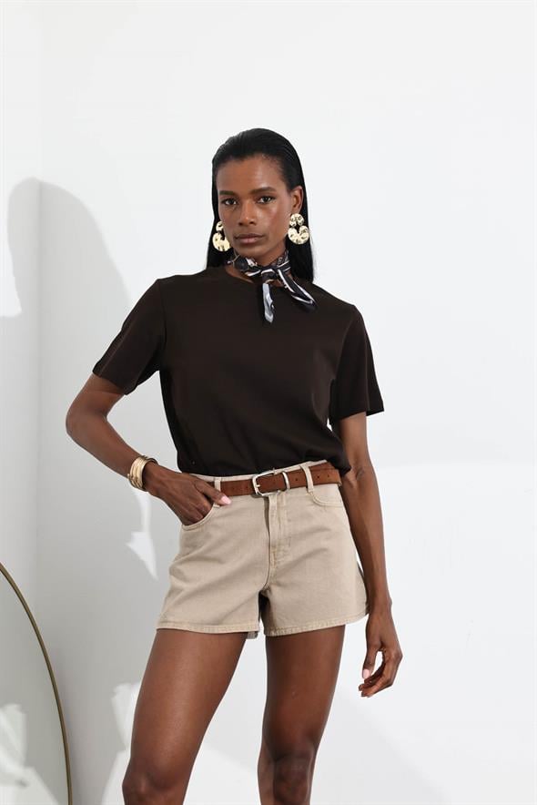 Sütlü Kahve Yüksek Bel Denim Şort 