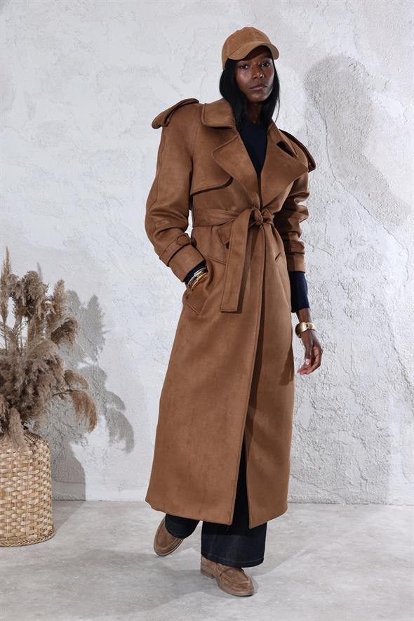 Taba Kuşaklı Arkası Yırtmaçlı Premium Palto 0002