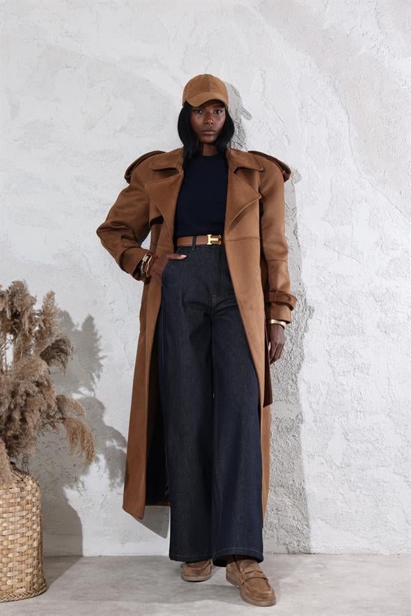 Taba Kuşaklı Arkası Yırtmaçlı Premium Palto 0002