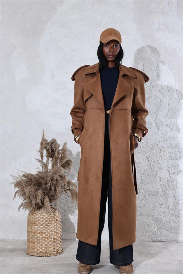 Taba Kuşaklı Arkası Yırtmaçlı Premium Palto 0002