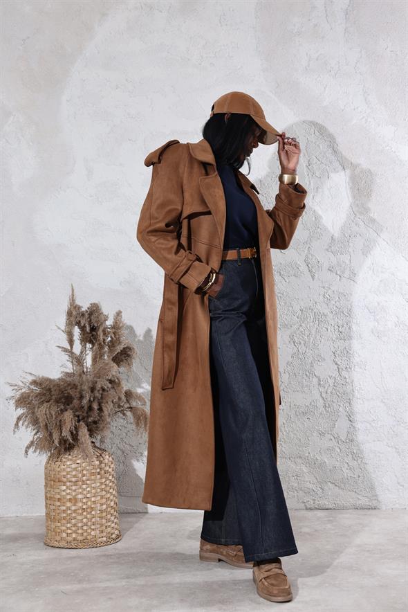 Taba Kuşaklı Arkası Yırtmaçlı Premium Palto 0002