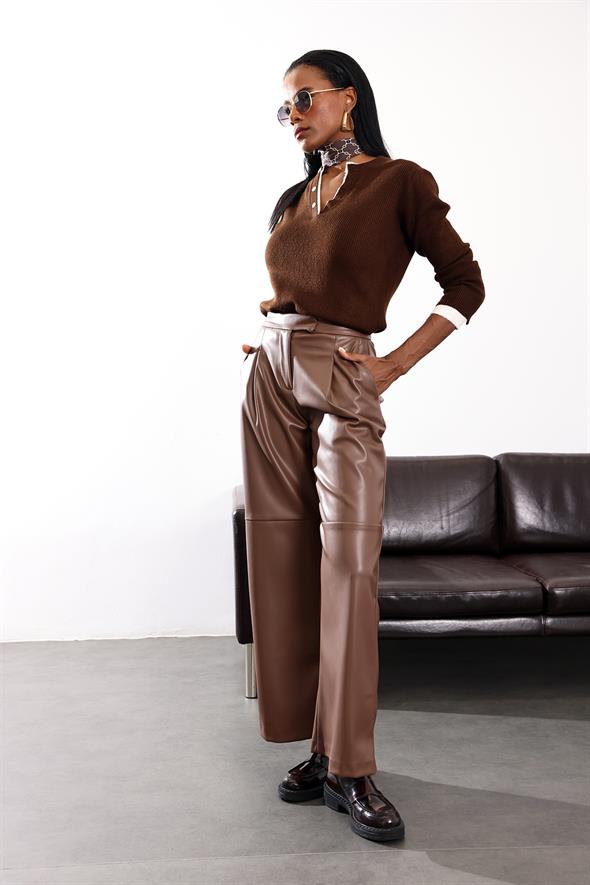 Taba Parçalı Deri Pantolon 17215