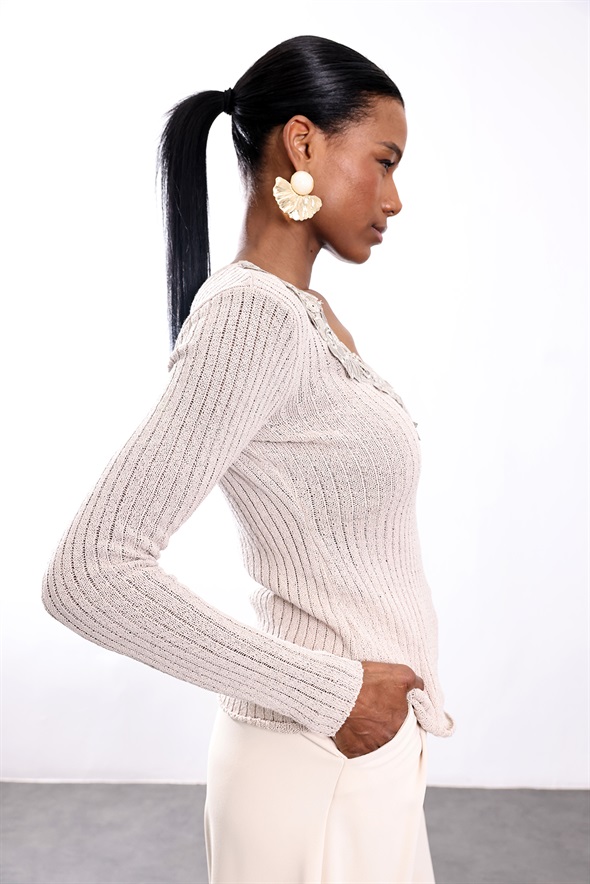 Taş Dantelli V Yaka Merserize Triko 261034