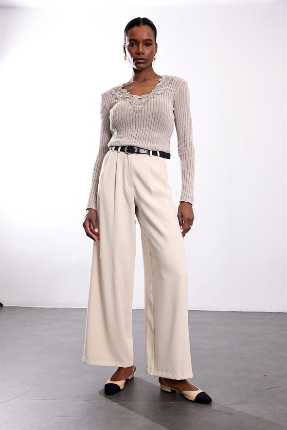 Taş Dantelli V Yaka Merserize Triko 261034