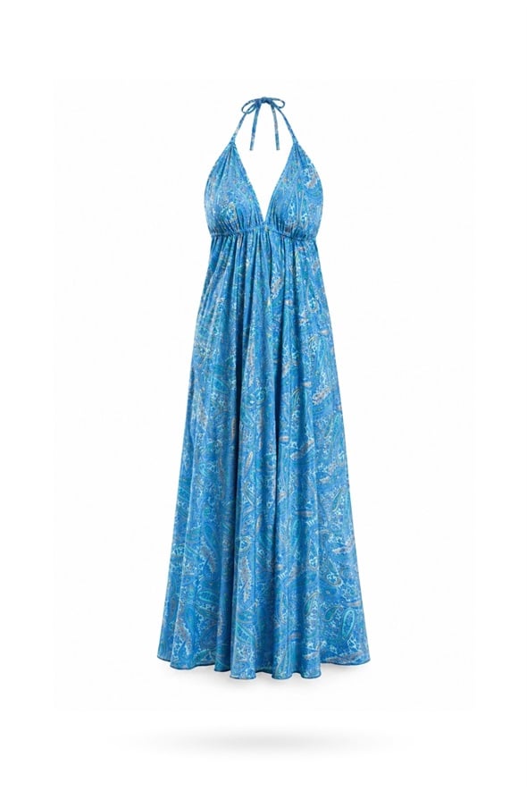 Turkuaz Şal Desenli Maxi Boy Elbise 39619