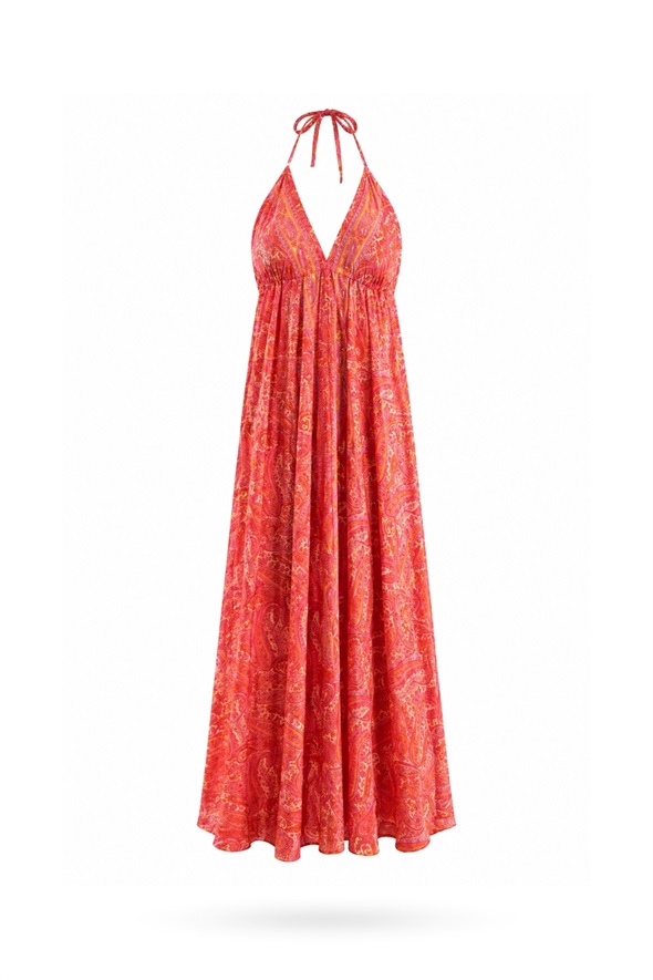 Turuncu Şal Desenli Maxi Boy Elbise 39619
