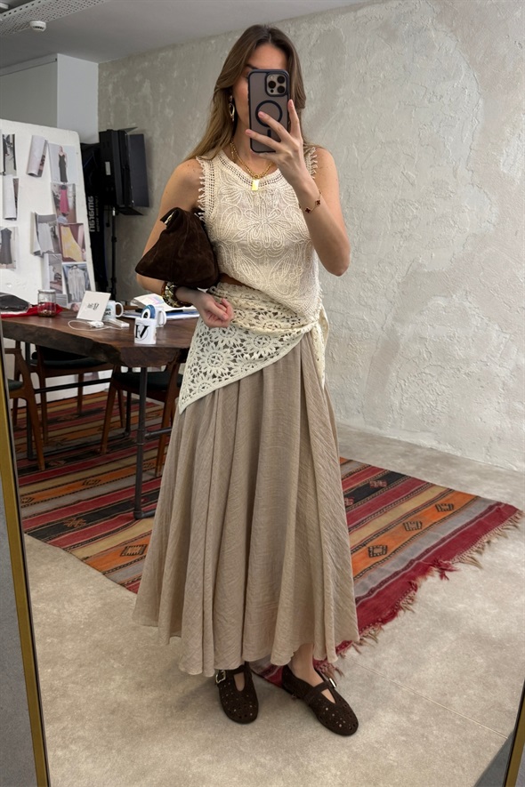 Vizon Beli Lastikli Maxi Etek 39606