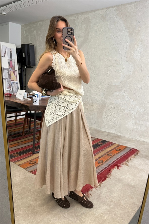 Vizon Beli Lastikli Maxi Etek 39606