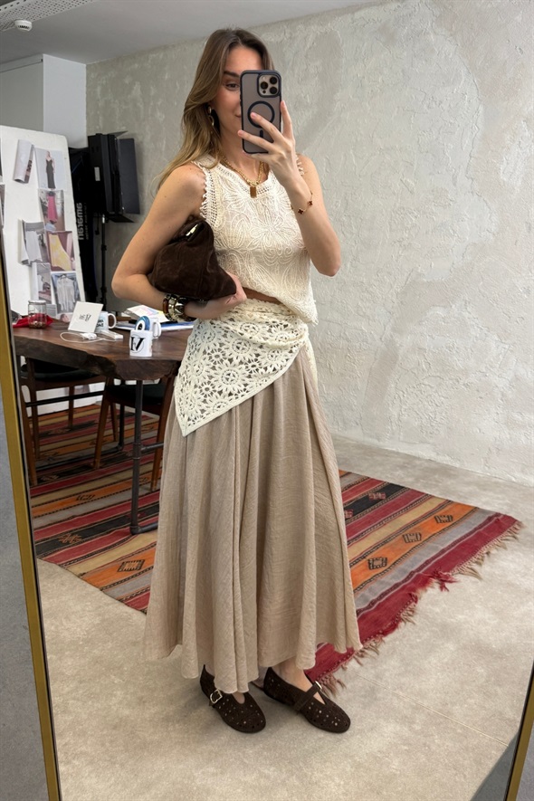 Vizon Beli Lastikli Maxi Etek 39606