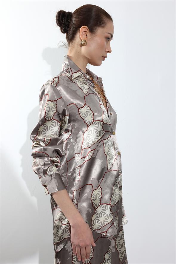 Vizon Geometrik Desenli Saten Gömlek 34703