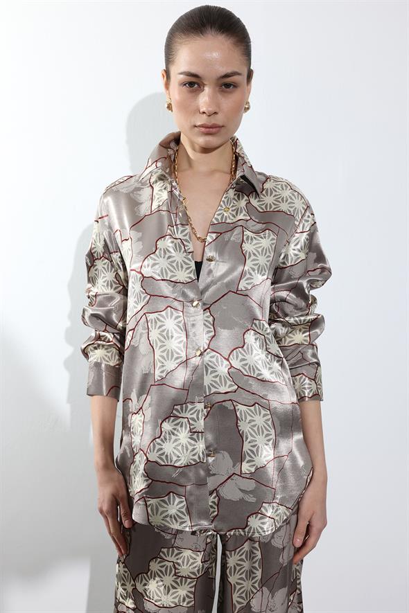 Vizon Geometrik Desenli Saten Gömlek 34703