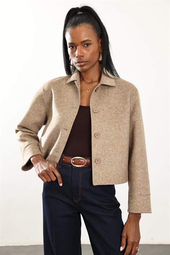 Vizon Gömlek Yaka Kısa Yün Ceket 