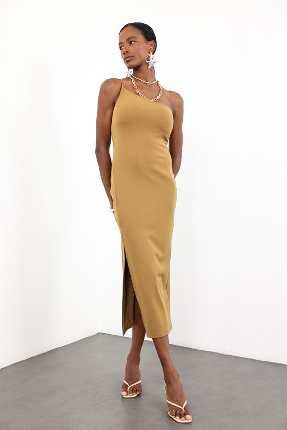 Yağ Yeşili Tek Kol Önü Yırtmaçlı Elbise 12154