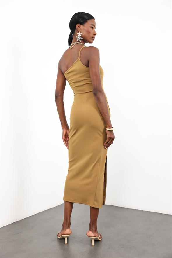 Yağ Yeşili Tek Kol Önü Yırtmaçlı Elbise 12154