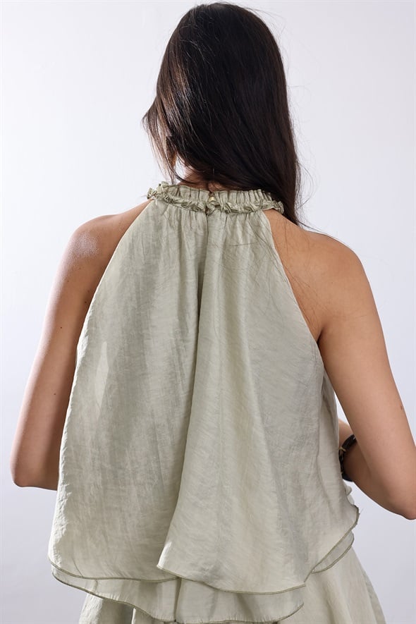 Yeşil Halter Yaka Volanlı Bluz 071946