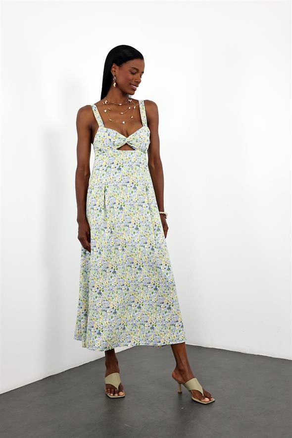 Yeşil Sırt Detaylı Çiçek Desenli Elbise 25139