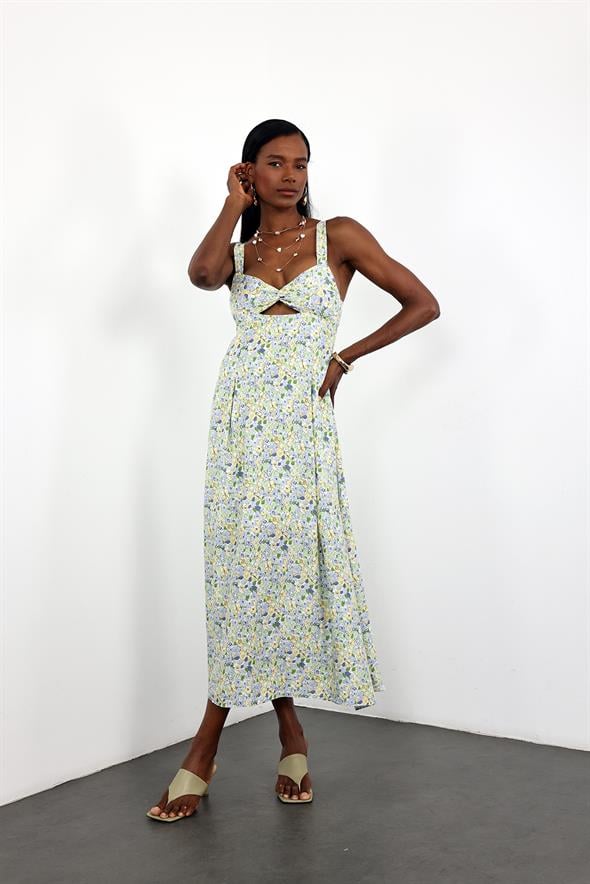 Yeşil Sırt Detaylı Çiçek Desenli Elbise 25139