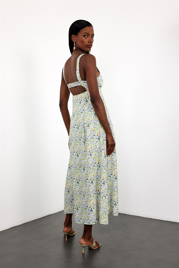 Yeşil Sırt Detaylı Çiçek Desenli Elbise 25139