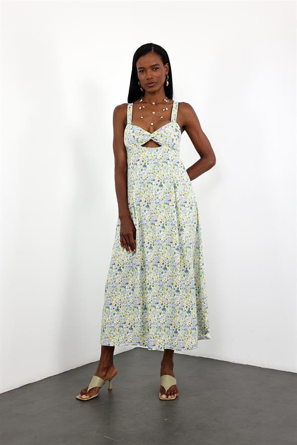 Yeşil Sırt Detaylı Çiçek Desenli Elbise 25139