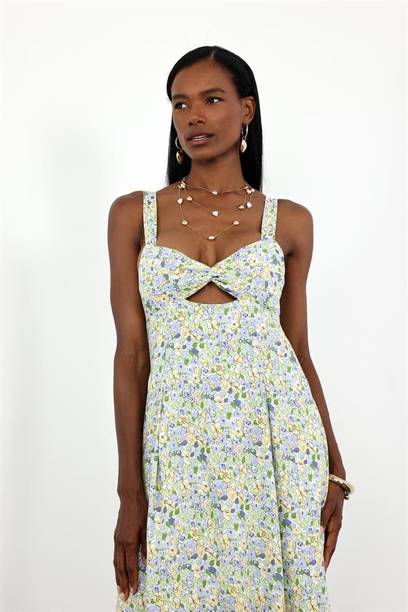 Yeşil Sırt Detaylı Çiçek Desenli Elbise 25139