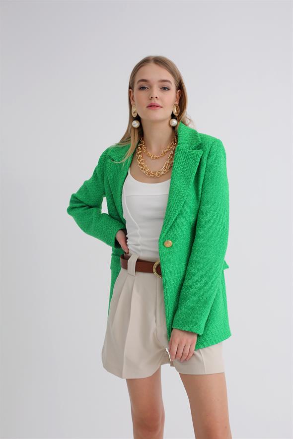 Yeşil Tek Düğmeli Tüvit Blazer Ceket 