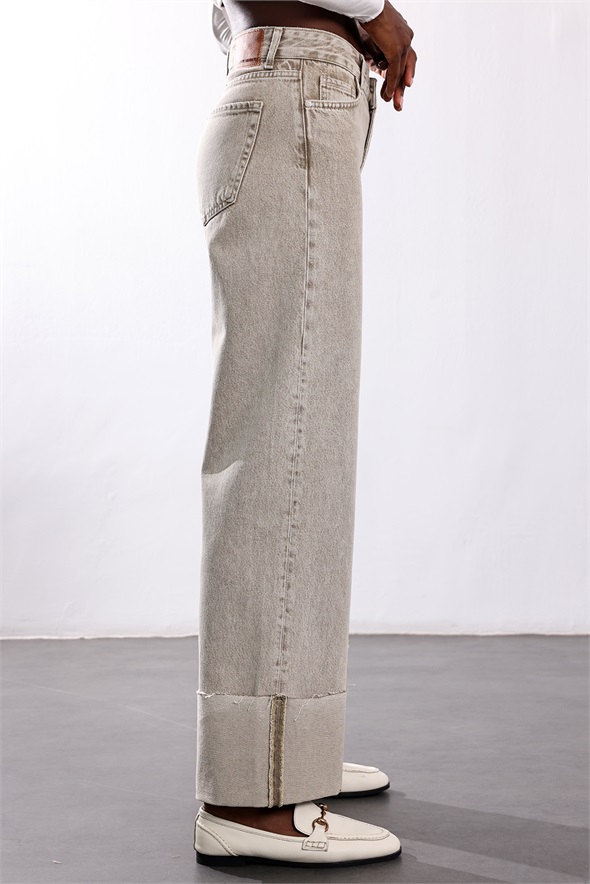 Yıkamalı Gri Paçası Katlamalı Jean 02110