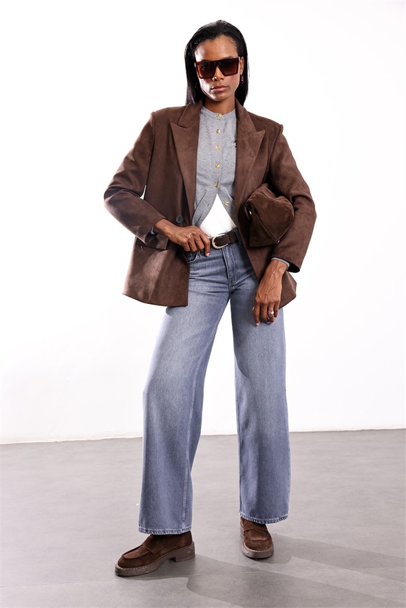 Yıkamalı Gri Wide Leg Jean 