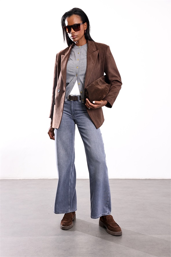Yıkamalı Gri Wide Leg Jean 