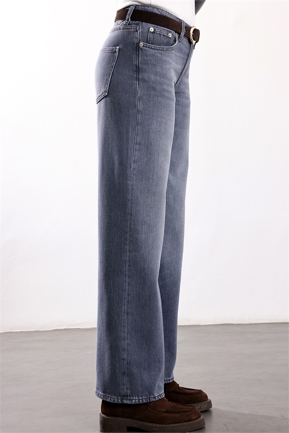 Yıkamalı Gri Wide Leg Jean 