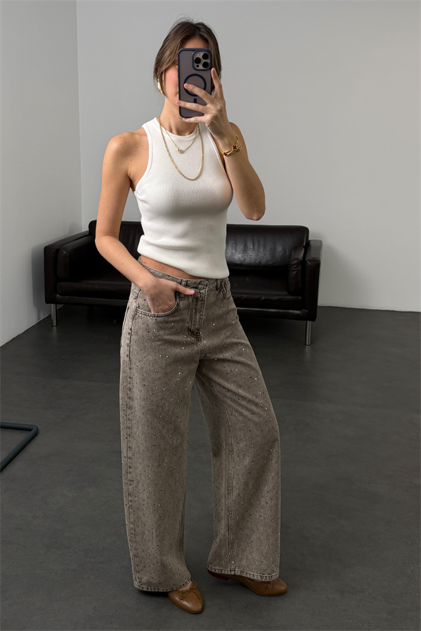 Yıkamalı Kahve Taşlı Wide Leg Jean 0026