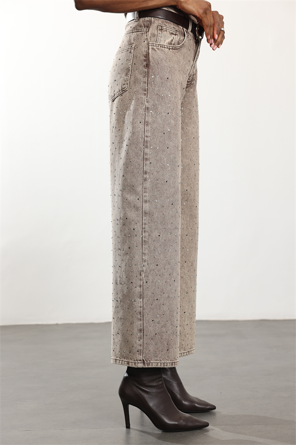 Yıkamalı Kahve Taşlı Wide Leg Jean 0026