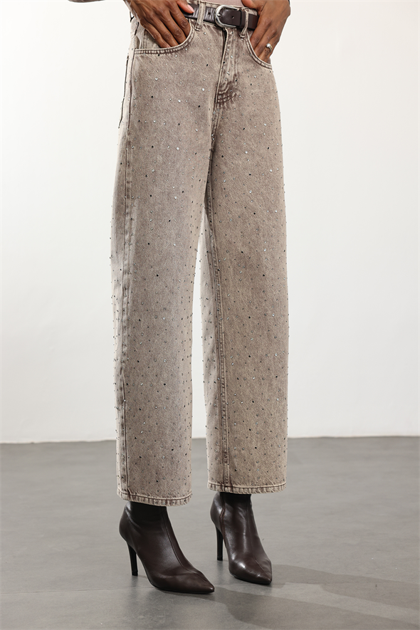 Yıkamalı Kahve Taşlı Wide Leg Jean 0026