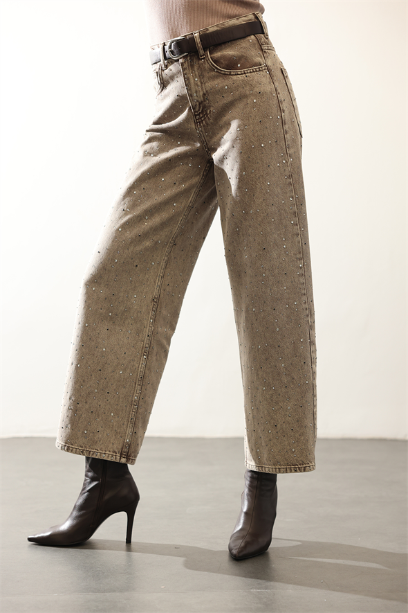 Yıkamalı Kahve Taşlı Wide Leg Jean 0026