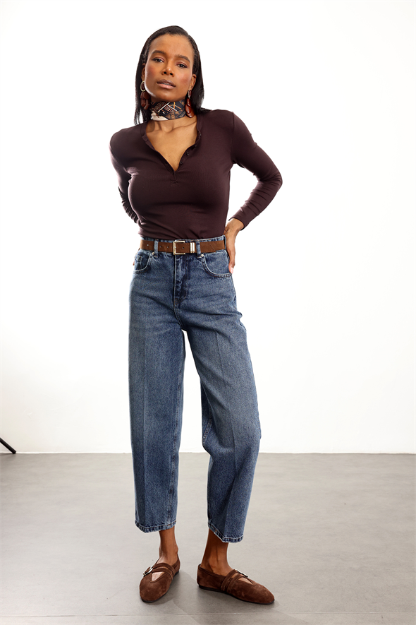 Yıkamalı Mavi Kemerli Baggy Jean 3010
