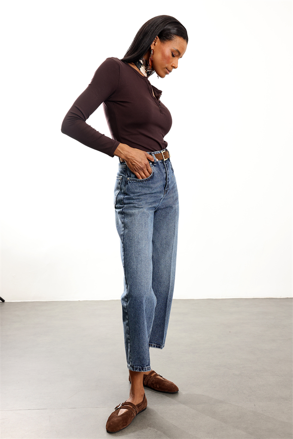Yıkamalı Mavi Kemerli Baggy Jean 3010