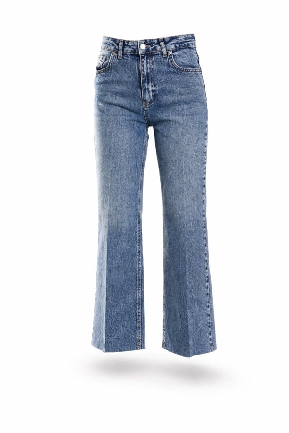 Yıkamalı Mavi Yüksek Bel Mini Flare Jean 2005